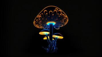 AI generated glowing magic mushroom on black background, neural network generated art photo