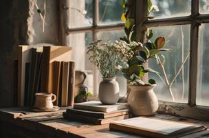 AI generated white card on table in front of photo books on window