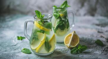 ai generado dos jarras de limón agua con menta hojas foto