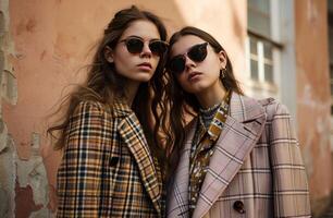AI generated two woman wearing plaid blazers and sunglasses photo
