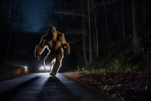 AI generated bigfoot running along interstate forest road at night in light of car headlights, neural network generated photorealistic image photo