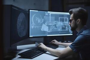 AI generated Over the Shoulder view of an Engineer Working with CAD Software using two large computer screens, neural network generated photoreaslistic image photo