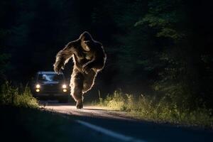 AI generated bigfoot running along interstate forest road at night in light of car headlights, neural network generated photorealistic image photo