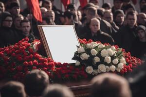 ai generado dictador funeral Bosquejo, ataúd con blanco retrato tablero rodeado con flores y borroso multitud de gente, neural red generado Arte foto