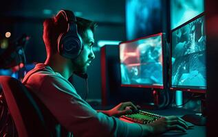 AI generated young caucasian gamer with headset playing video games with computer and multiple screens lit with saturated neon lights, neural network generated photorealistic image photo