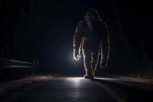 AI generated bigfoot running along interstate forest road at night in light of car headlights, neural network generated photorealistic image photo