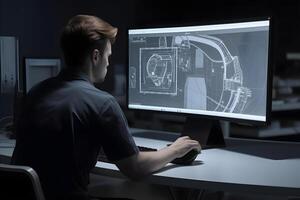 AI generated Over the Shoulder view of an Engineer Working with CAD Software using large computer screen, neural network generated photoreaslistic image photo