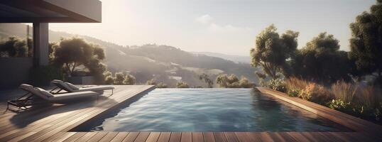 AI generated a pool on terrace with overlooking hill view at expensive villa or rich resort, neural network generated photorealistic image photo
