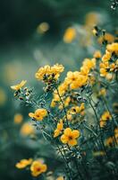 ai generado amarillo flores creciente en el primavera con brillante verde antecedentes foto