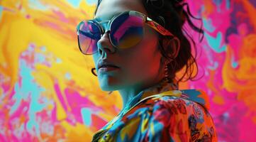 AI generated woman standing on a colorful background wearing colorful sunglasses photo