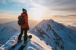 AI generated woman in standing on the mountain top and wearing snowboard photo