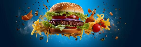 AI generated hamburger flying on blue background, neural network generated photorealistic image photo