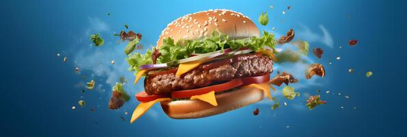 AI generated hamburger flying on blue background, neural network generated photorealistic image photo