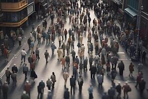 AI generated crowd of people walking on city street at summer morning, neural network generated image photo