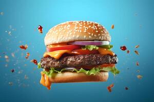 AI generated hamburger flying on blue background, neural network generated photorealistic image photo