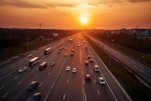 AI generated highway traffic in sunrise or sunset, neural network generated photorealistic image photo