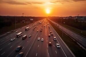 ai generado autopista tráfico en amanecer o atardecer, neural red generado fotorrealista imagen foto