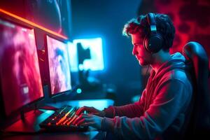 AI generated young caucasian gamer with headset playing video games with computer and multiple screens lit with saturated neon lights, neural network generated photorealistic image photo