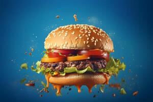 AI generated hamburger flying on blue background, neural network generated photorealistic image photo