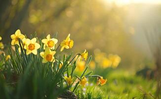 AI generated beautiful light background featuring yellow daffodils photo