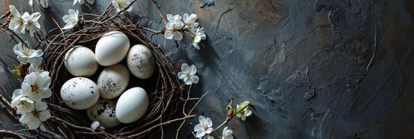 ai generado huevos y huevo nido en un nido de flores en acero plato foto