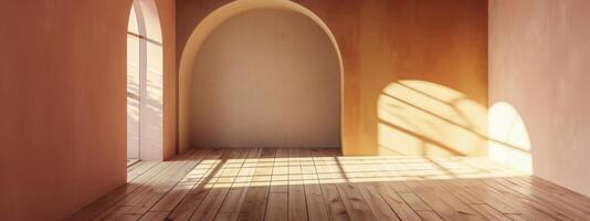 AI generated empty room with a wooden floor and an arched opening photo