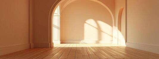 AI generated empty room with a wooden floor and an arched opening photo