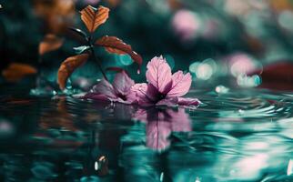 ai generado el rosado hoja refleja en el agua foto