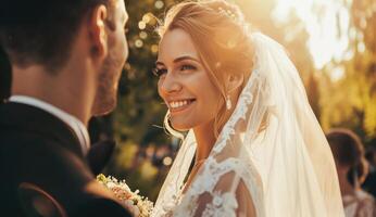 AI generated bride and groom standing in the sunlight while smiling photo