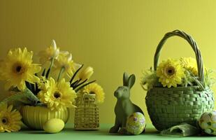 AI generated bunnies and easter baskets with flowers photo