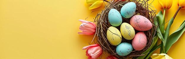 AI generated colorful easter eggs and colorful tulips in easter nest on yellow photo