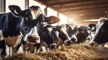 AI generated Group of cows at cowshed eating hay or fodder on dairy farm, neural network generated image photo