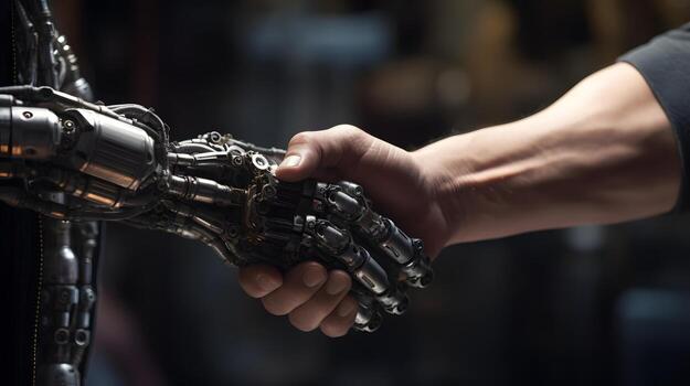 AI generated man and machine handshake, neural network generated image photo