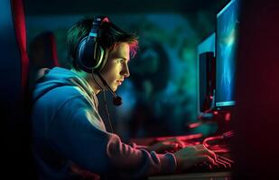 AI generated young caucasian gamer with headset playing video games with computer and multiple screens lit with saturated neon lights, neural network generated photorealistic image photo