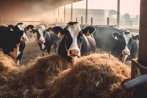 AI generated Group of cows at cowshed eating hay or fodder on dairy farm, neural network generated image photo