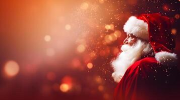 AI generated Santa Claus face closeup with defocused glitter bokeh copy space background, neural network generated image photo