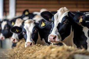 AI generated Group of cows at cowshed eating hay or fodder on dairy farm, neural network generated image photo