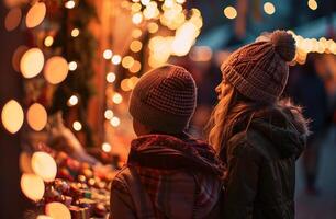 ai generado dos niños mirando a un Navidad mercado foto