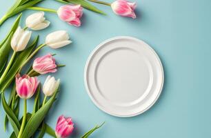 AI generated tulips, paper plate, and a blank frame photo