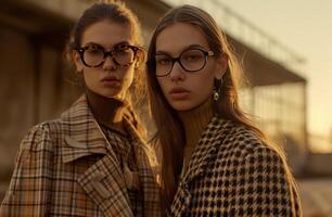 AI generated two women are wearing checkered jackets and glasses photo
