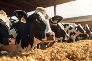 AI generated Group of cows at cowshed eating hay or fodder on dairy farm, neural network generated image photo