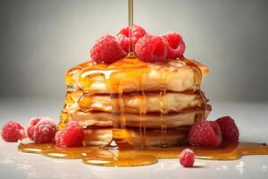 AI generated gorgeous delicious pancakes with honey and raspberries under daylight in nordic style, neural network generated photorealistic image photo