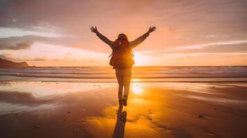 AI generated Happy traveler enjoying freedom at susnet beach - Cheerful hiker with backpack raising hands up at sunset, neural network generated photorealistic image photo