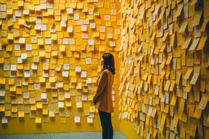 AI generated A woman standing in front of a wall full of sticky notes, neural network generated photorealistic image photo