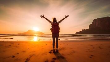 AI generated Happy traveler enjoying freedom at susnet beach - Cheerful hiker with backpack raising hands up at sunset, neural network generated photorealistic image photo