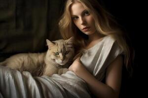 AI generated pretty young blonde caucasian woman and her cat resting, neural network generated photorealistic image photo