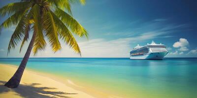 AI generated Large cruise liner in the background with a palm tree on white sand coral beach, neural network generated photorealistic image photo
