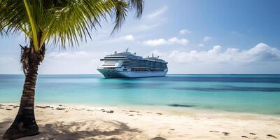 AI generated Large cruise liner in the background with a palm tree on white sand coral beach, neural network generated photorealistic image photo