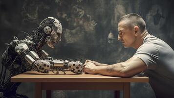 AI generated caucasian man versus robot are sitting at the table opposite looking at each other, side view, neural network generated image photo