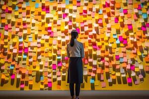 AI generated A woman standing in front of a wall full of sticky notes, neural network generated photorealistic image photo